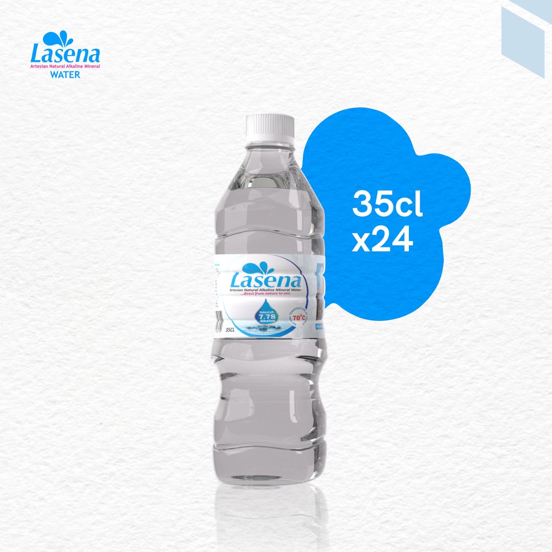 Lasena alkaline water 35cl pack showing a clear plastic bottle with white cap and label