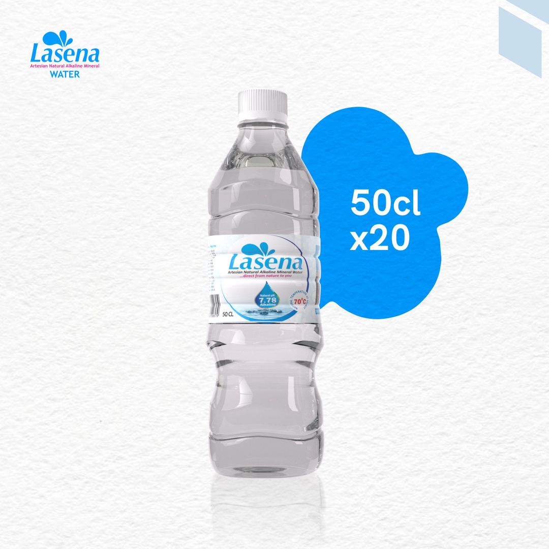 Lasena Water 50cl bottle offering natural alkaline water delivery in a pack of 20 bottles